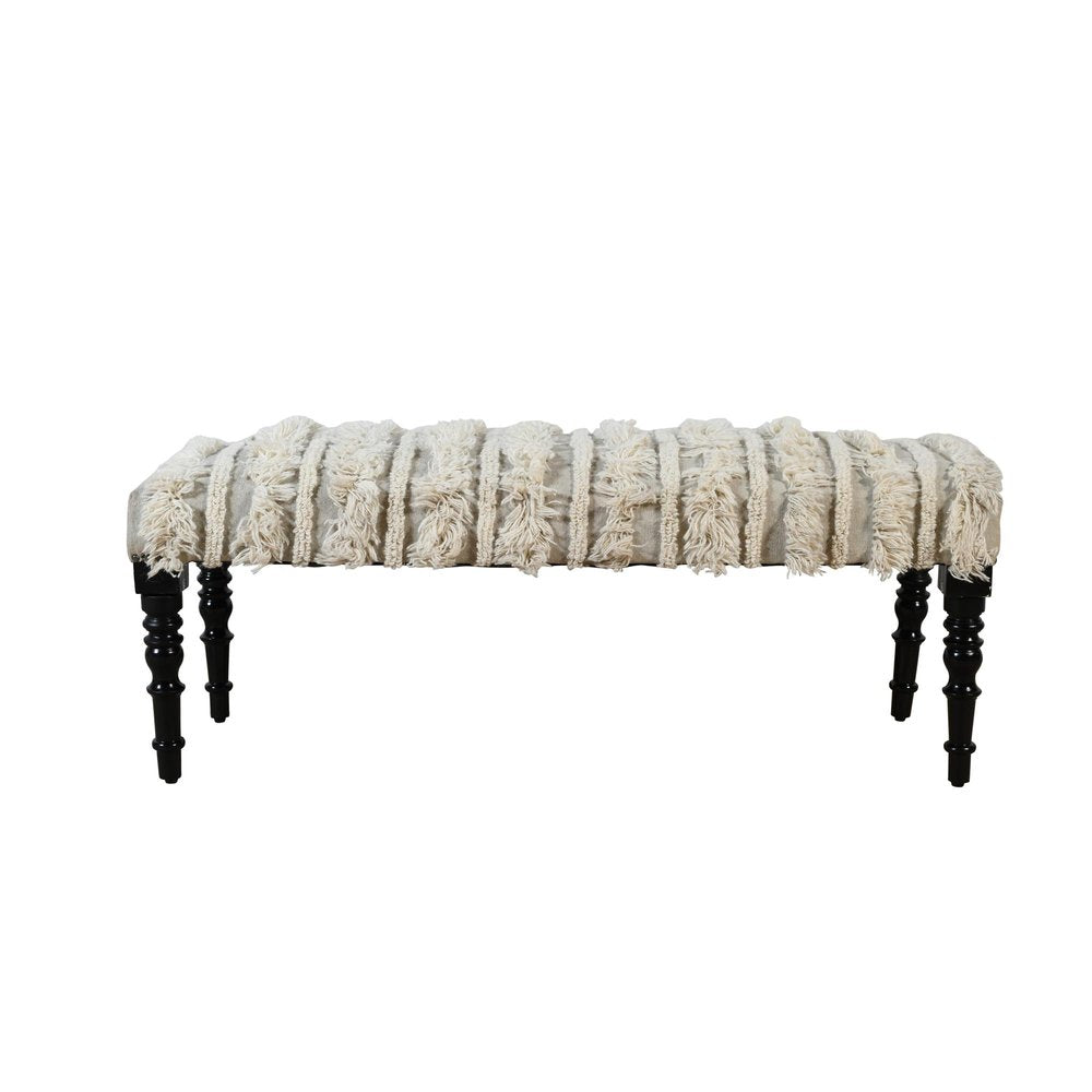 47" Cream Textural Boho Stripe Black Leg Upholstered Bench HomeRoots