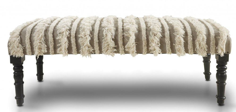 47" Cream Textural Boho Stripe Black Leg Upholstered Bench HomeRoots