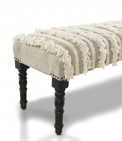 47" Cream Textural Boho Stripe Black Leg Upholstered Bench HomeRoots
