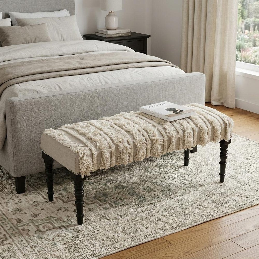 47" Cream Textural Boho Stripe Black Leg Upholstered Bench HomeRoots