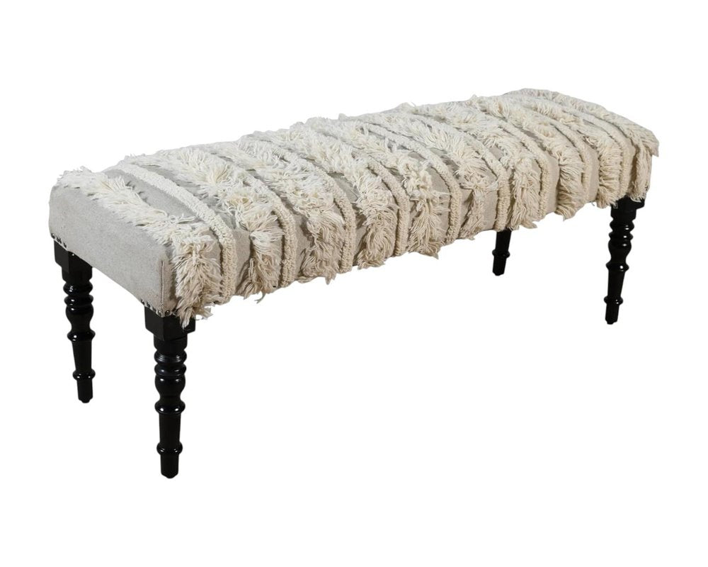 47" Cream Textural Boho Stripe Black Leg Upholstered Bench HomeRoots