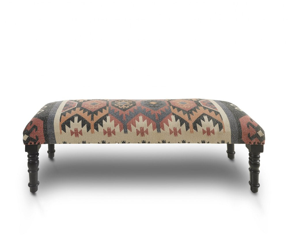 47" Beige Brown and Rust and Black Jute and Wool Blend Upholstered Southwest Distressed Bench HomeRoots