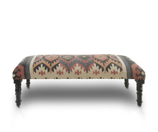 47" Beige Brown Rust And Black Southwest Jute Wool And Solid Wood Upholstered Distressed Bench