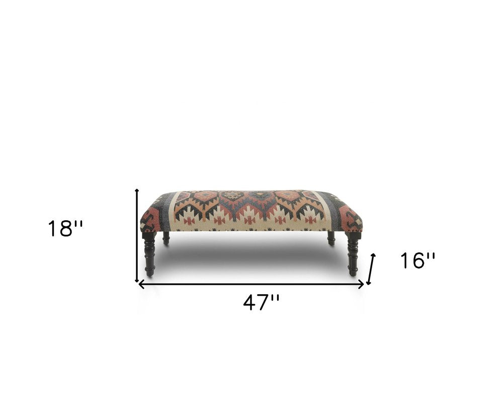 47" Beige Brown and Rust and Black Jute and Wool Blend Upholstered Southwest Distressed Bench HomeRoots