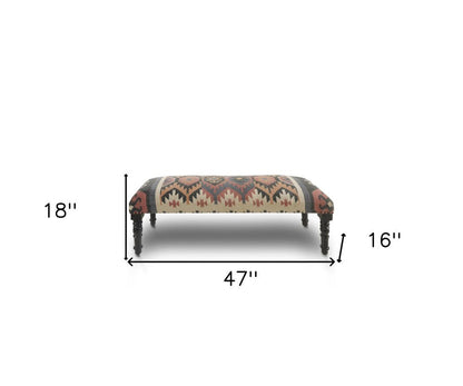 47" Beige Brown and Rust and Black Jute and Wool Blend Upholstered Southwest Distressed Bench HomeRoots