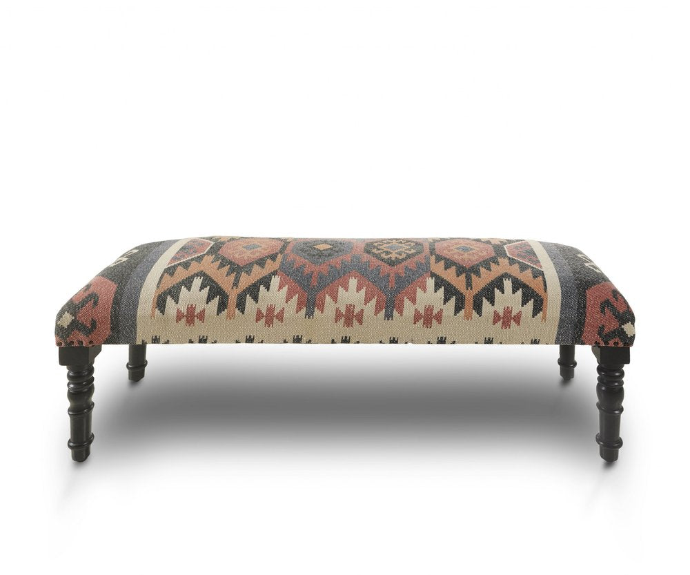 47" Beige Brown and Rust and Black Jute and Wool Blend Upholstered Southwest Distressed Bench HomeRoots