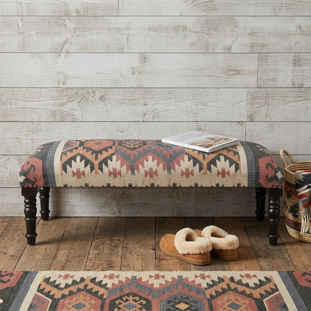47" Beige Brown and Rust and Black Jute and Wool Blend Upholstered Southwest Distressed Bench HomeRoots
