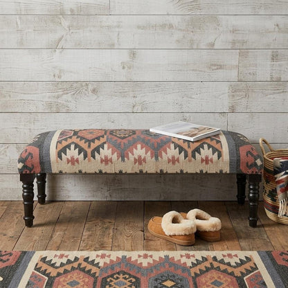 47" Beige Brown and Rust and Black Jute and Wool Blend Upholstered Southwest Distressed Bench HomeRoots