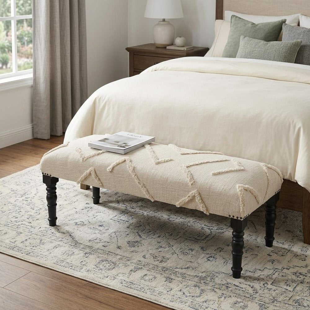 47" Cream and Black Cotton Upholstered Geometric Bench HomeRoots