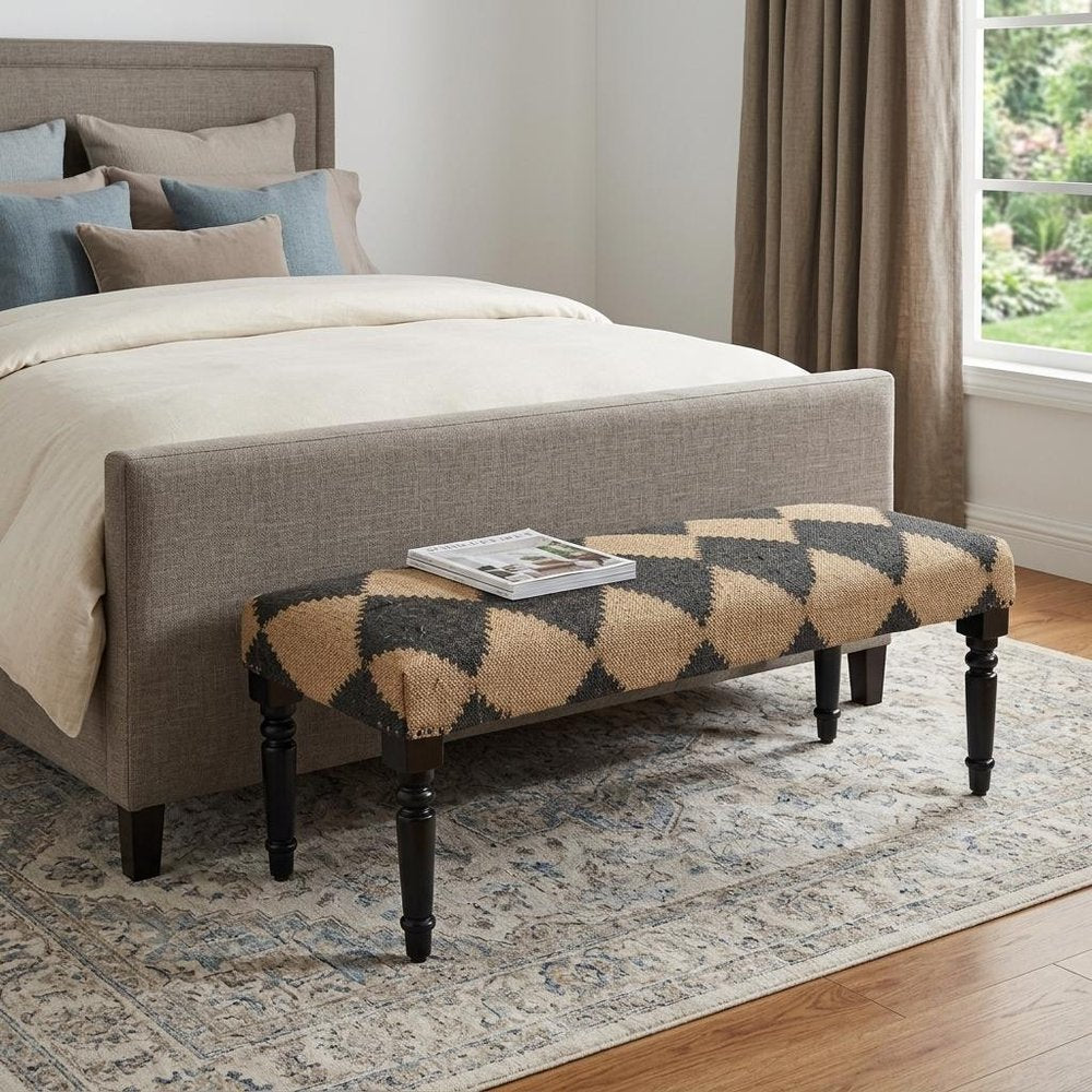 47" Tan And Black Black Leg Checkered Upholstered Bench HomeRoots