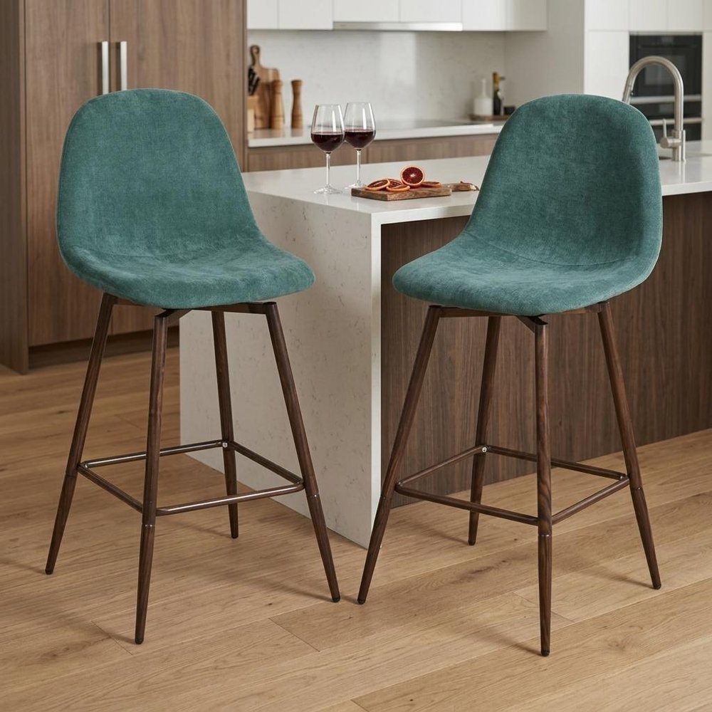 Set of Two 26" Green And Brown Velvet And Steel Counter Height Bar Chairs HomeRoots