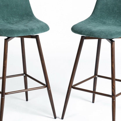 Set of Two 26" Green And Brown Velvet And Steel Counter Height Bar Chairs HomeRoots
