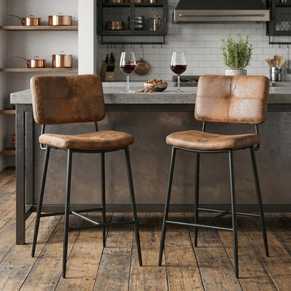 Set of Two 27" Brown And Black Faux Leather And Steel Low Back Counter Height Bar Chairs HomeRoots