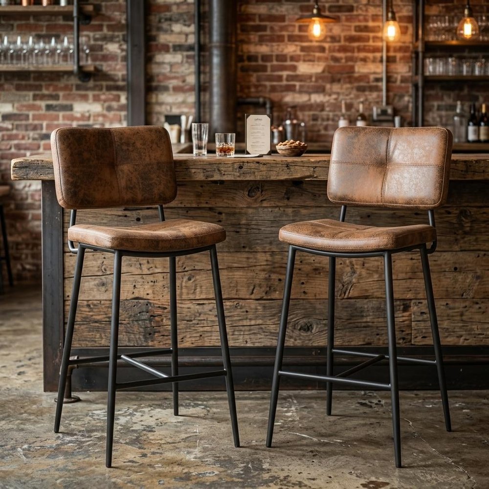 Set of Two 27" Brown And Black Suede And Steel Counter Height Bar Chairs — view 10