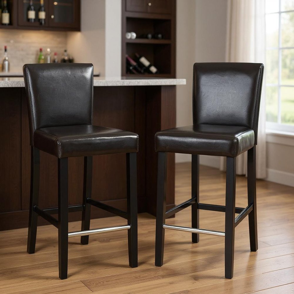 Set of Two 28" Brown And Black Faux Leather And Faux Leather And Steel Bar Height Bar Chairs HomeRoots
