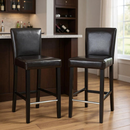 Set of Two 28" Brown And Black Faux Leather And Faux Leather And Steel Bar Height Bar Chairs HomeRoots