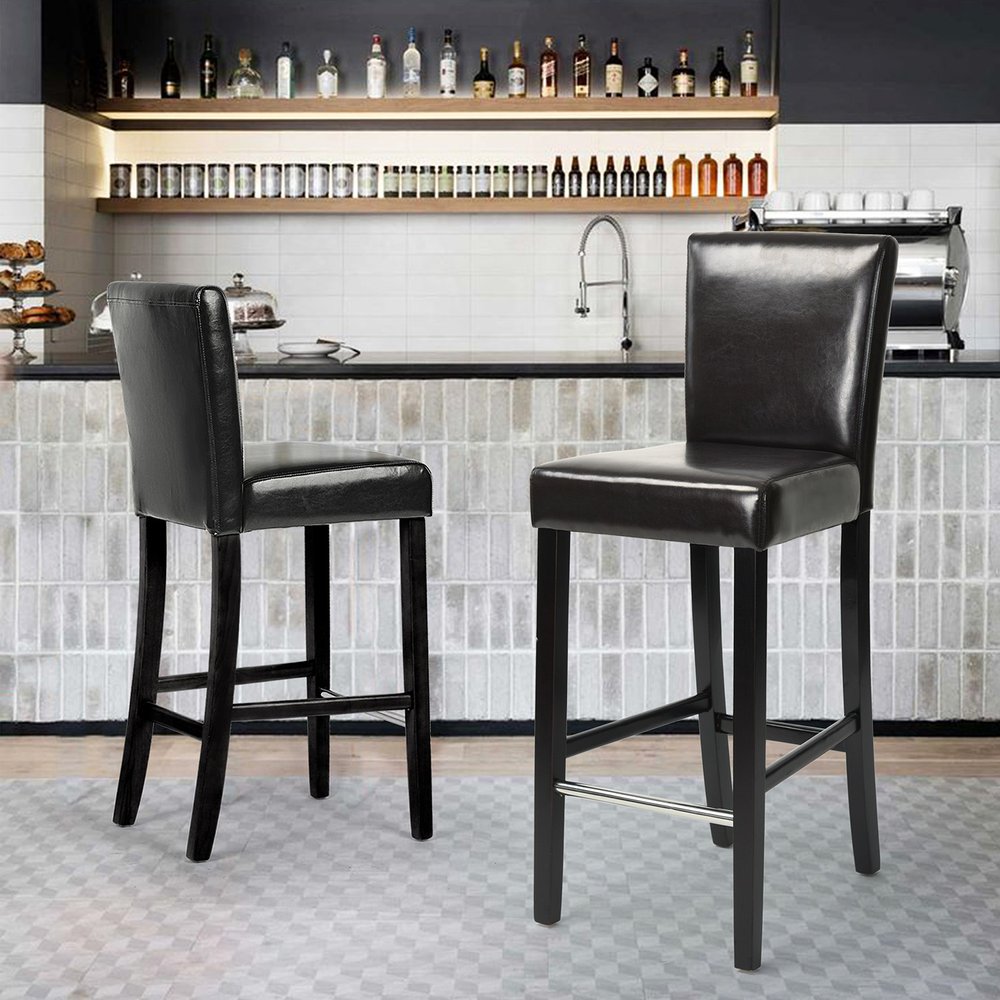 Set of Two 28" Brown and Black Faux Leather and Steel Bar Height Bar Chairs HomeRoots