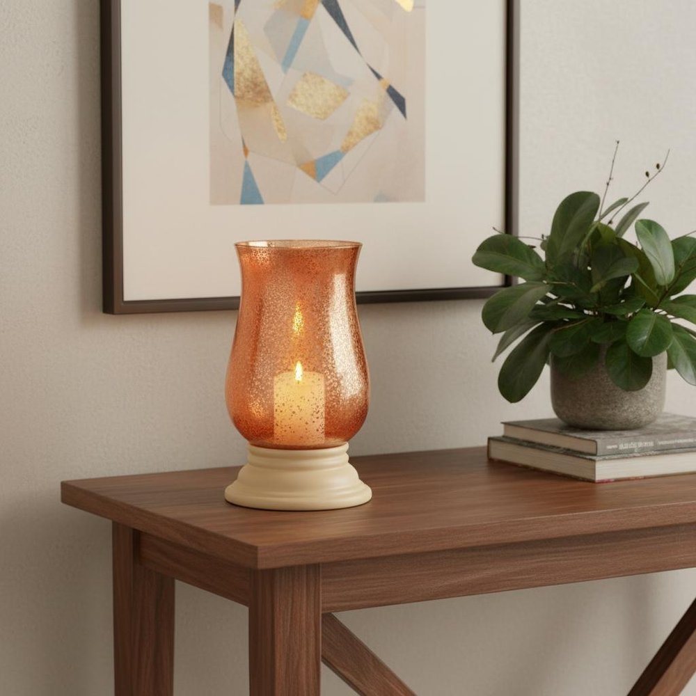 14" Coral Glass Centerpiece Hurricane Candle Holder With Candle — view 2