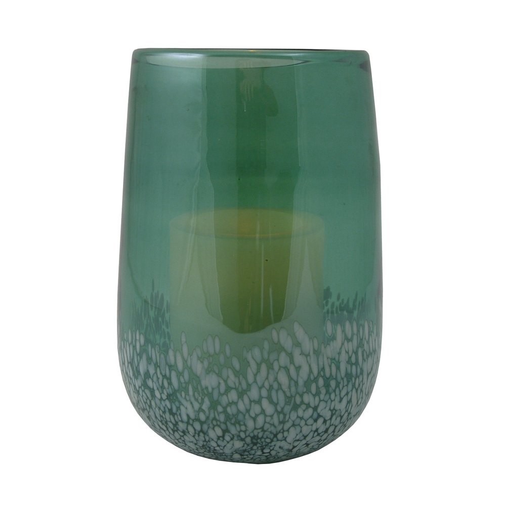 8" Green And White Glass Tabletop Hurricane Candle Holder With Candle — view 1
