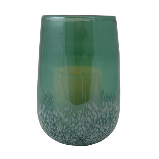 8" Green And White Glass Tabletop Hurricane Candle Holder With Candle HomeRoots