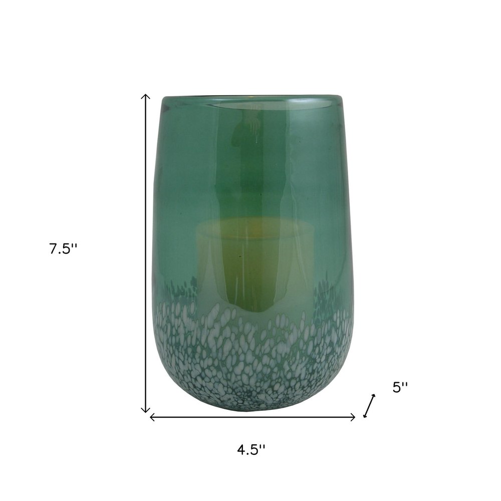 8" Green And White Glass Tabletop Hurricane Candle Holder With Candle HomeRoots
