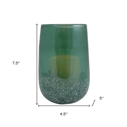 8" Green And White Glass Tabletop Hurricane Candle Holder With Candle HomeRoots