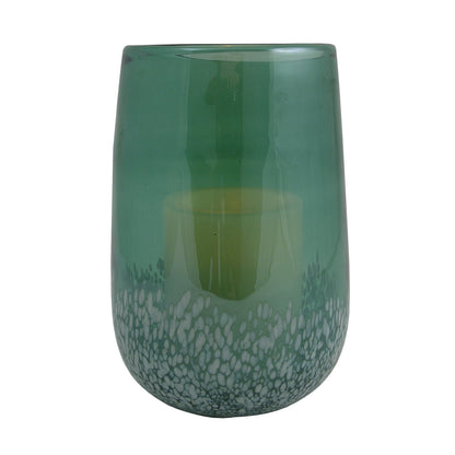 8" Green and White Glass Tabletop Hurricane Candle Holder With Candle