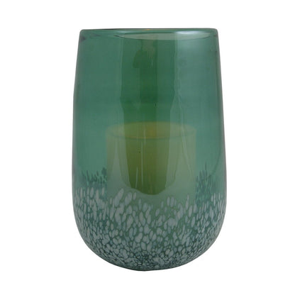 8" Green And White Glass Tabletop Hurricane Candle Holder With Candle HomeRoots