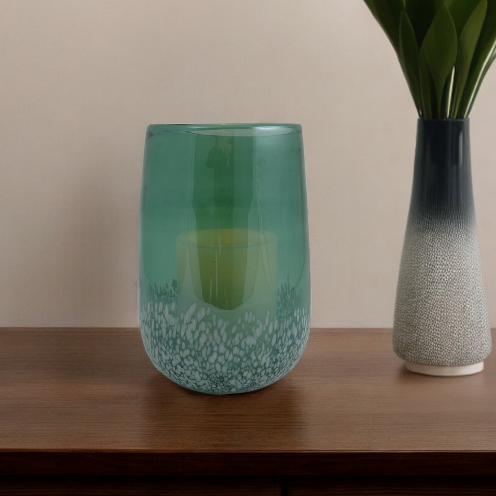 8" Green And White Glass Tabletop Hurricane Candle Holder With Candle HomeRoots