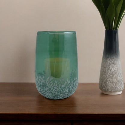 8" Green And White Glass Tabletop Hurricane Candle Holder With Candle HomeRoots