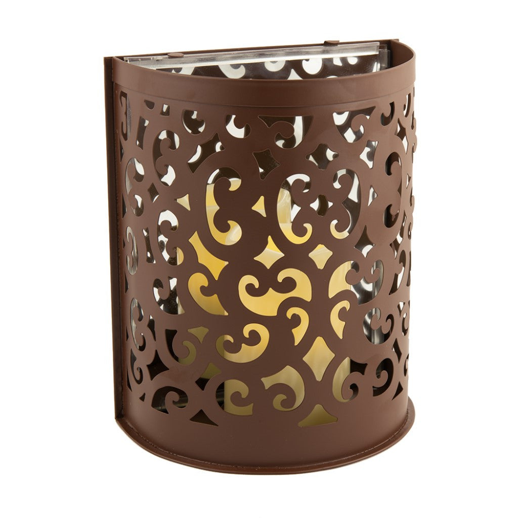 9" Brown Iron Floral Wall Sconce Candle Holder With Candle