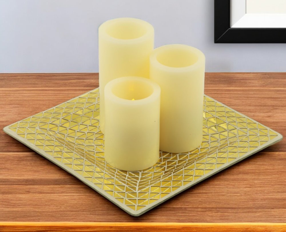 Set of Three Ivory Flameless Pillar Candles With Gold Holder HomeRoots