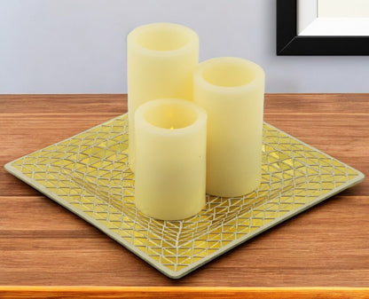 Set of Three Ivory Flameless Pillar Candles With Gold Holder HomeRoots
