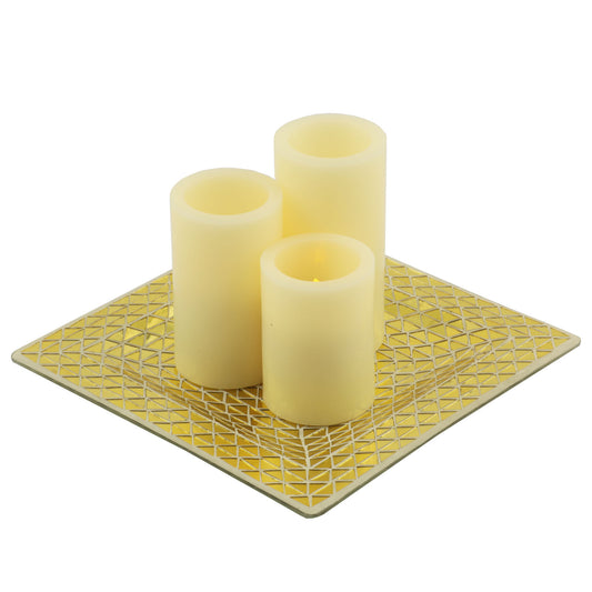 Set of Three Gold Flameless Pillar Candles With Holder