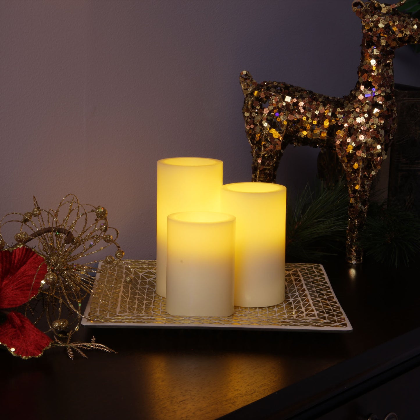 Set of Three Gold Flameless Pillar Candles With Holder