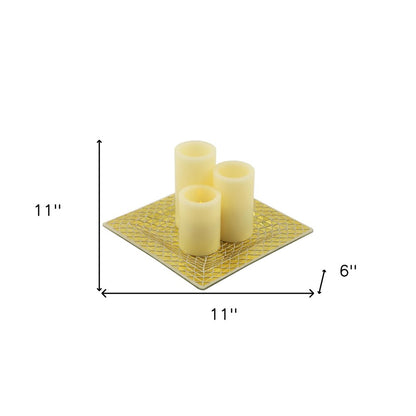 Set of Three Ivory Flameless Pillar Candles With Gold Holder HomeRoots