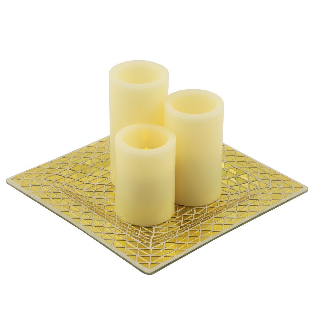 Set of Three Ivory Flameless Pillar Candles With Gold Holder HomeRoots