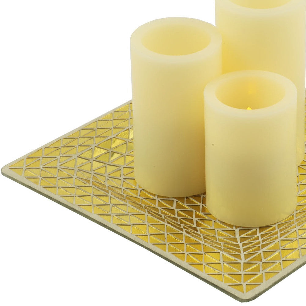 Set of Three Gold Flameless Pillar Candles With Holder