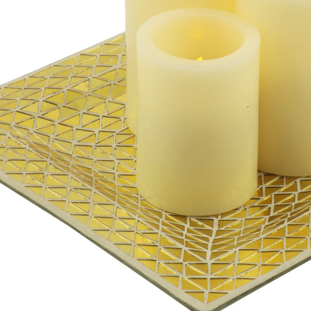 Set of Three Ivory Flameless Pillar Candles With Gold Holder