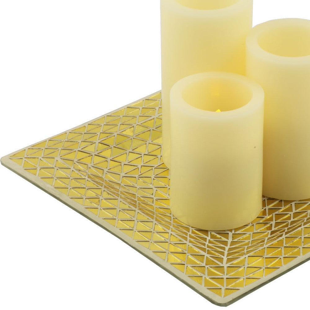 Set of Three Gold Flameless Pillar Candles With Holder
