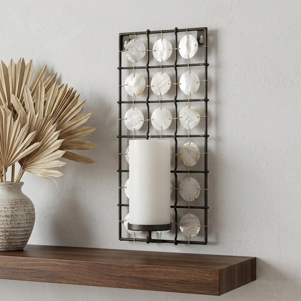 15" Brown And White Geometric Iron Wall Sconce Candle Holder With Candle HomeRoots