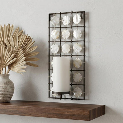 15" Brown And White Geometric Iron Wall Sconce Candle Holder With Candle HomeRoots