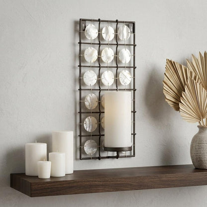 15" Brown And White Geometric Iron Wall Sconce Candle Holder With Candle HomeRoots
