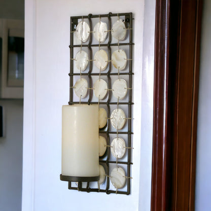 15" Brown and White Iron Geometric Wall Sconce Candle Holder With Candle