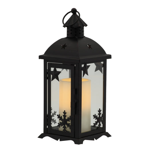 12" Black Glass and Metal Ornate Centerpiece Lantern Candle Holder With Candle