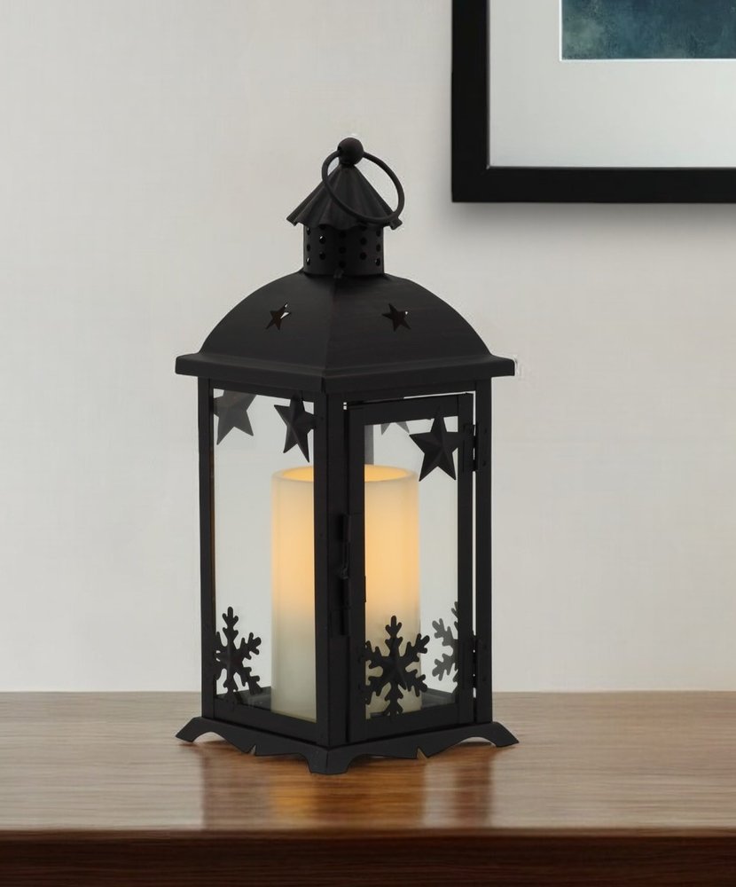 12" Black Ornate Glass And Metal Centerpiece Lantern Candle Holder With Candle HomeRoots