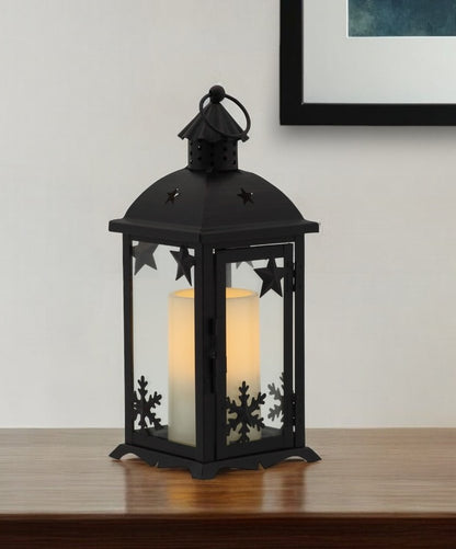 12" Black Ornate Glass And Metal Centerpiece Lantern Candle Holder With Candle HomeRoots