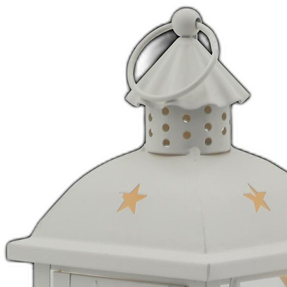 12" White Metal Tabletop Lantern Candle Holder With Candle