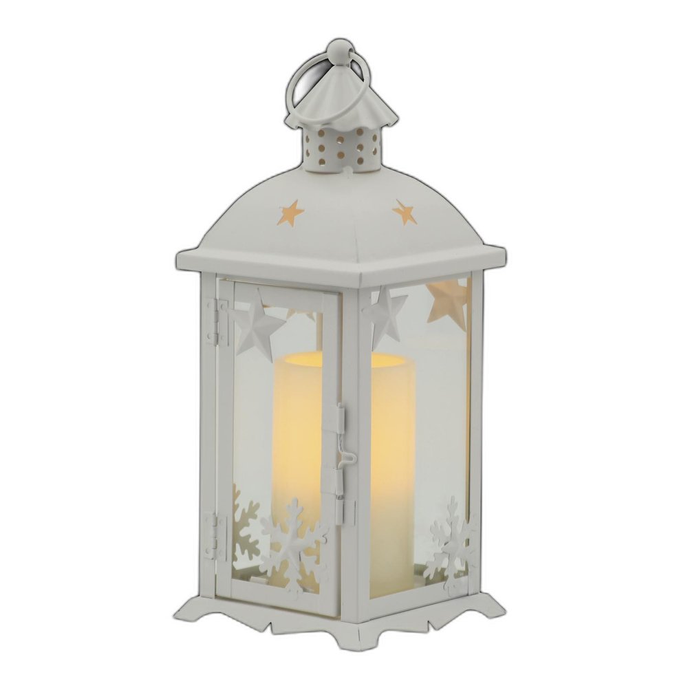 12" White Metal Tabletop Lantern Candle Holder With Candle HomeRoots