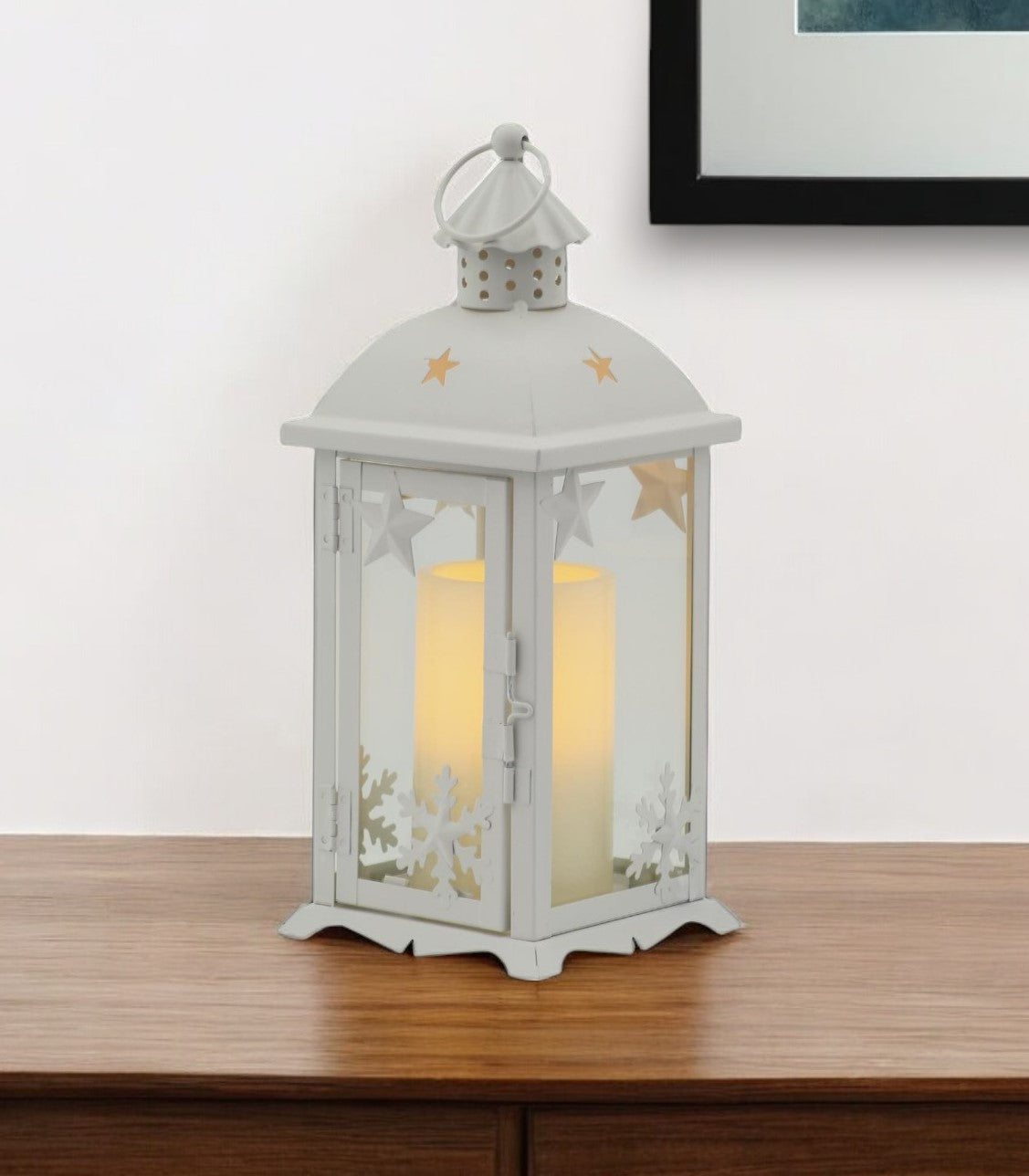 12" White Metal Tabletop Lantern Candle Holder With Candle